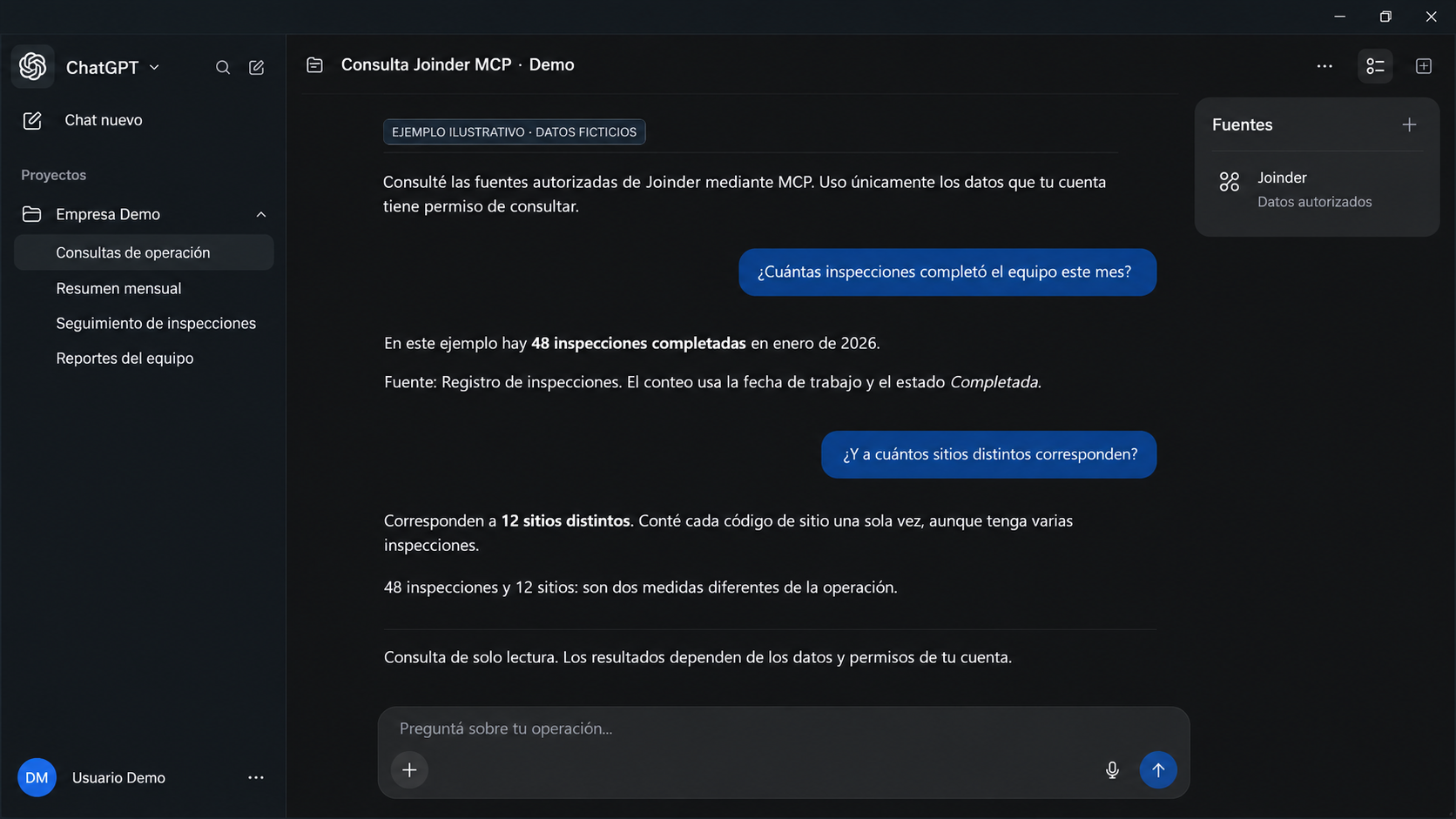 Ejemplo ficticio de ChatGPT consultando Joinder por MCP: 48 inspecciones completadas en 12 sitios distintos, con fuente y criterio de conteo