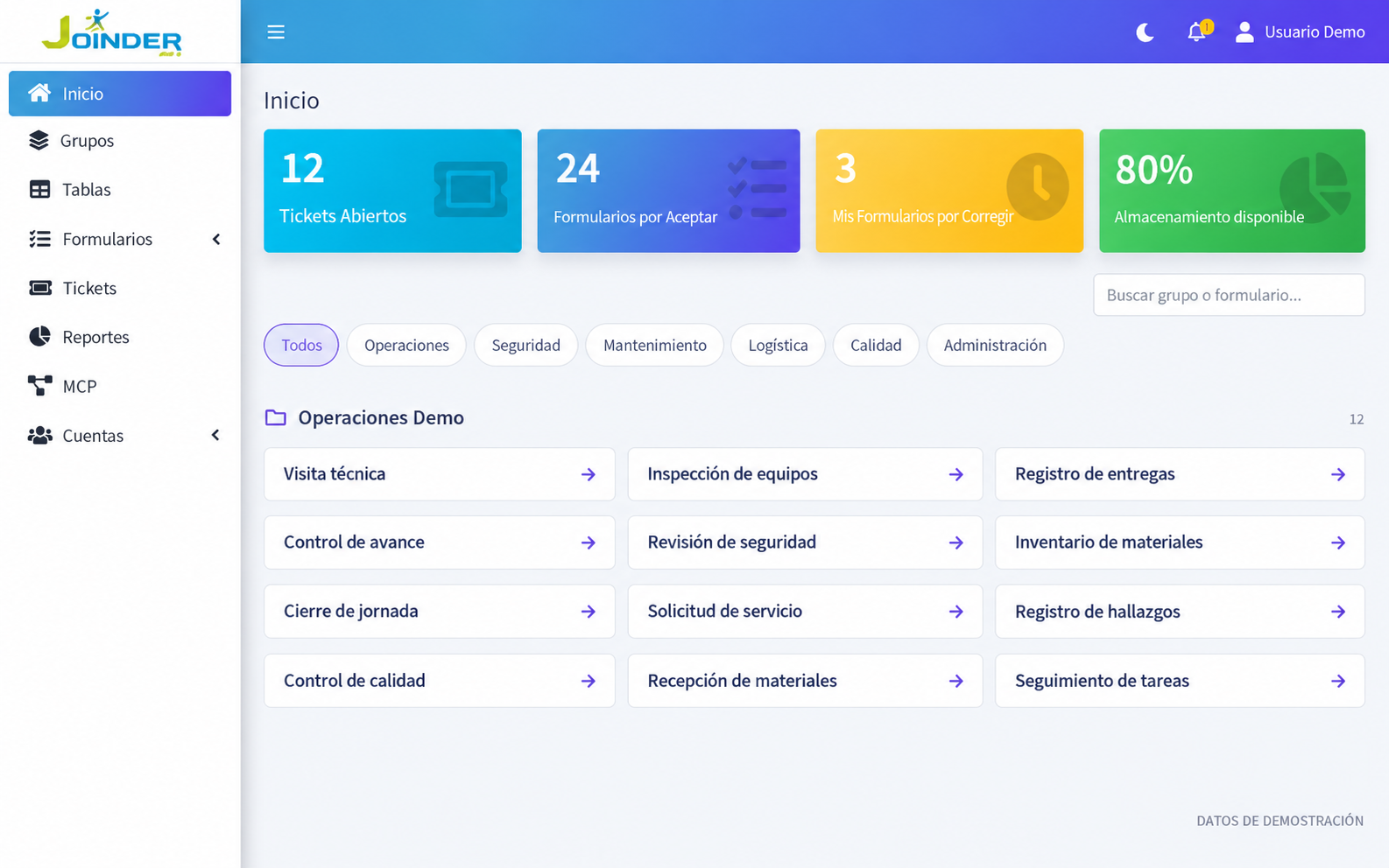 Inicio de Joinder con indicadores y formularios; nombres y valores ficticios